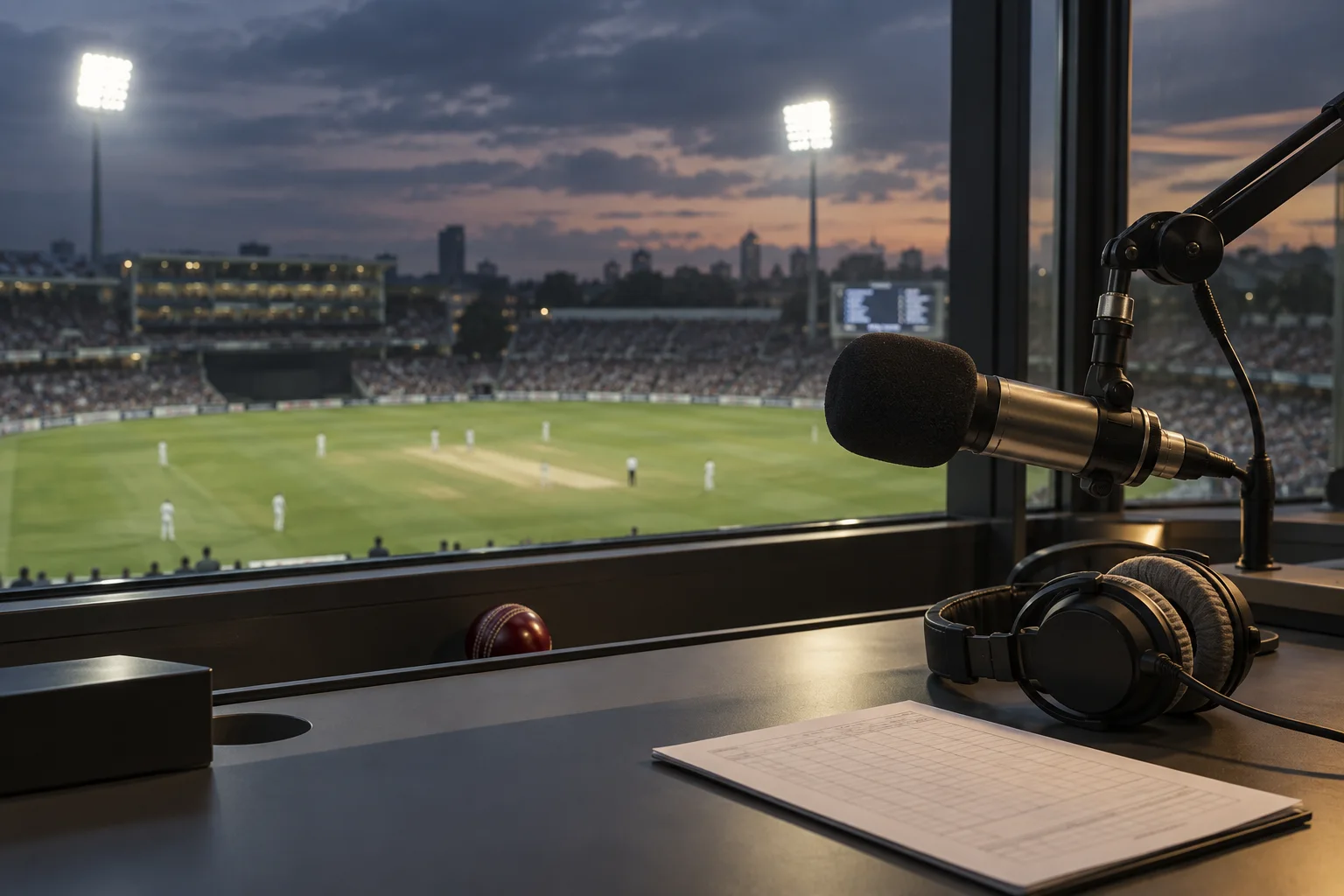 Illustrative cricket commentary booth with a broadcast microphone overlooking the ground