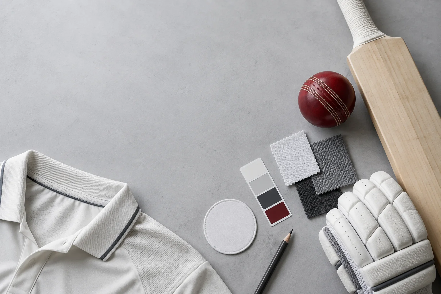 Illustrative creator workspace with cricket equipment and material swatches