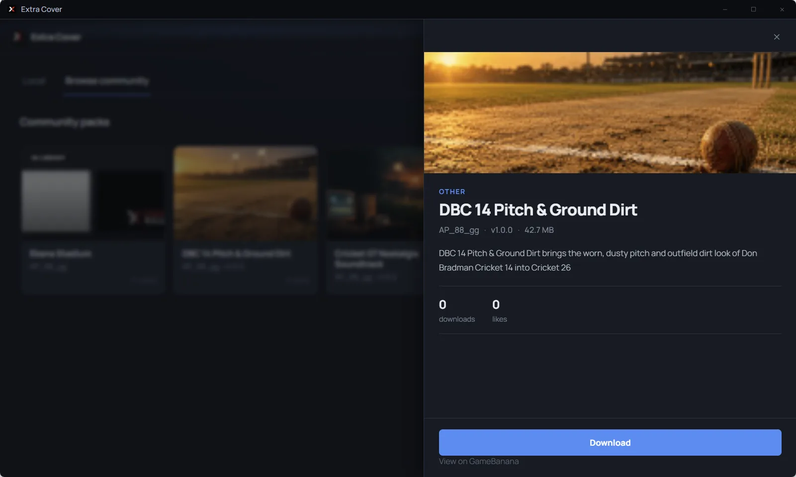 Community pack details in Extra Cover with a Download button and a View on GameBanana link