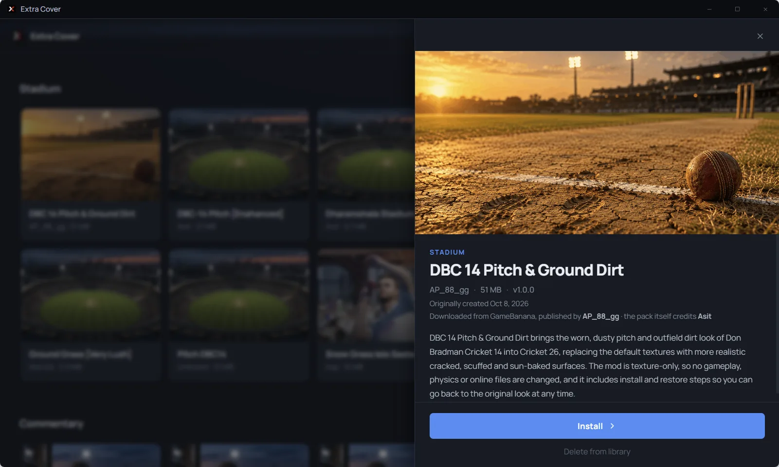 Pack details in Extra Cover showing the description, creator credits and an Install button