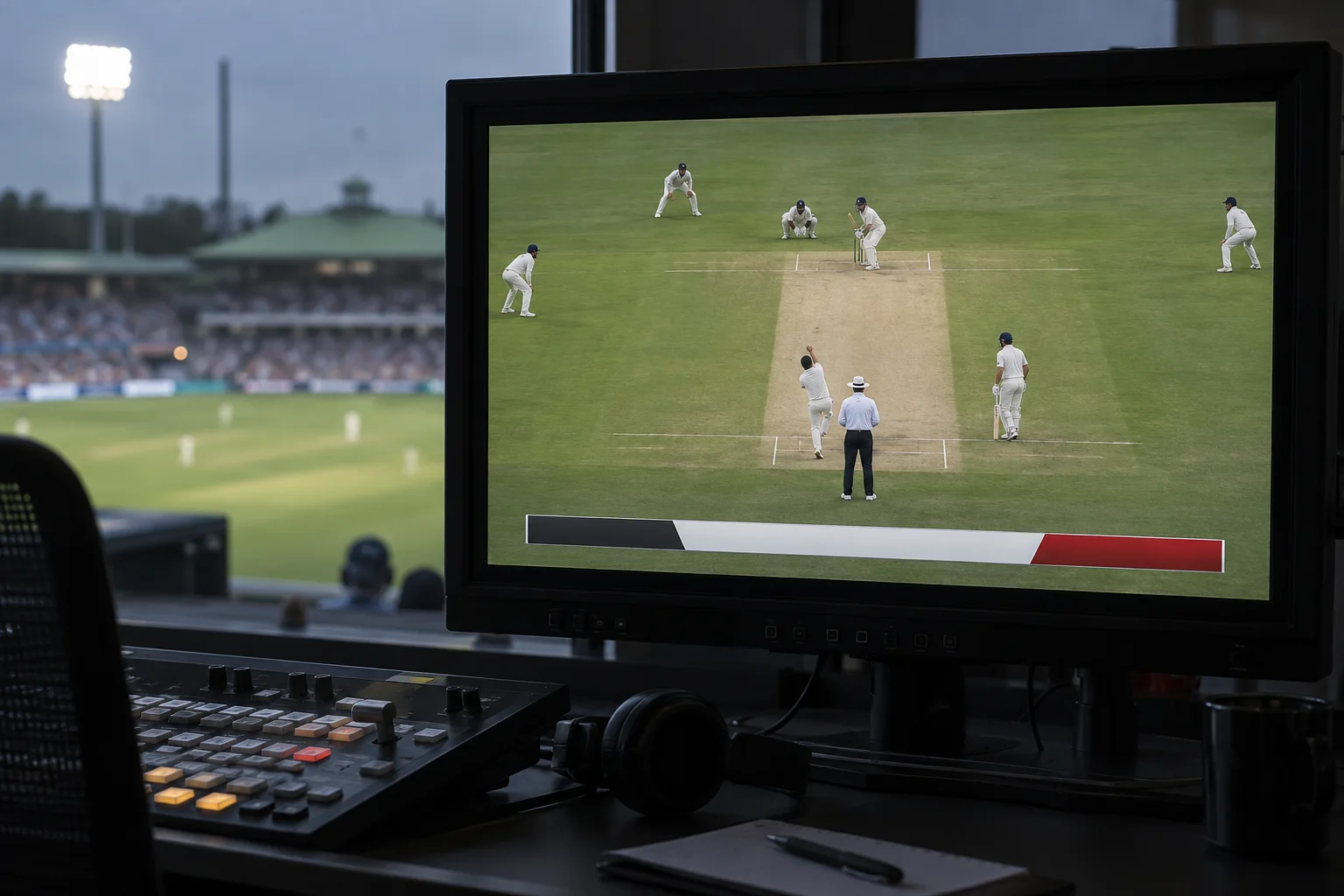 Illustrative cricket broadcast monitor with a clean lower score strip