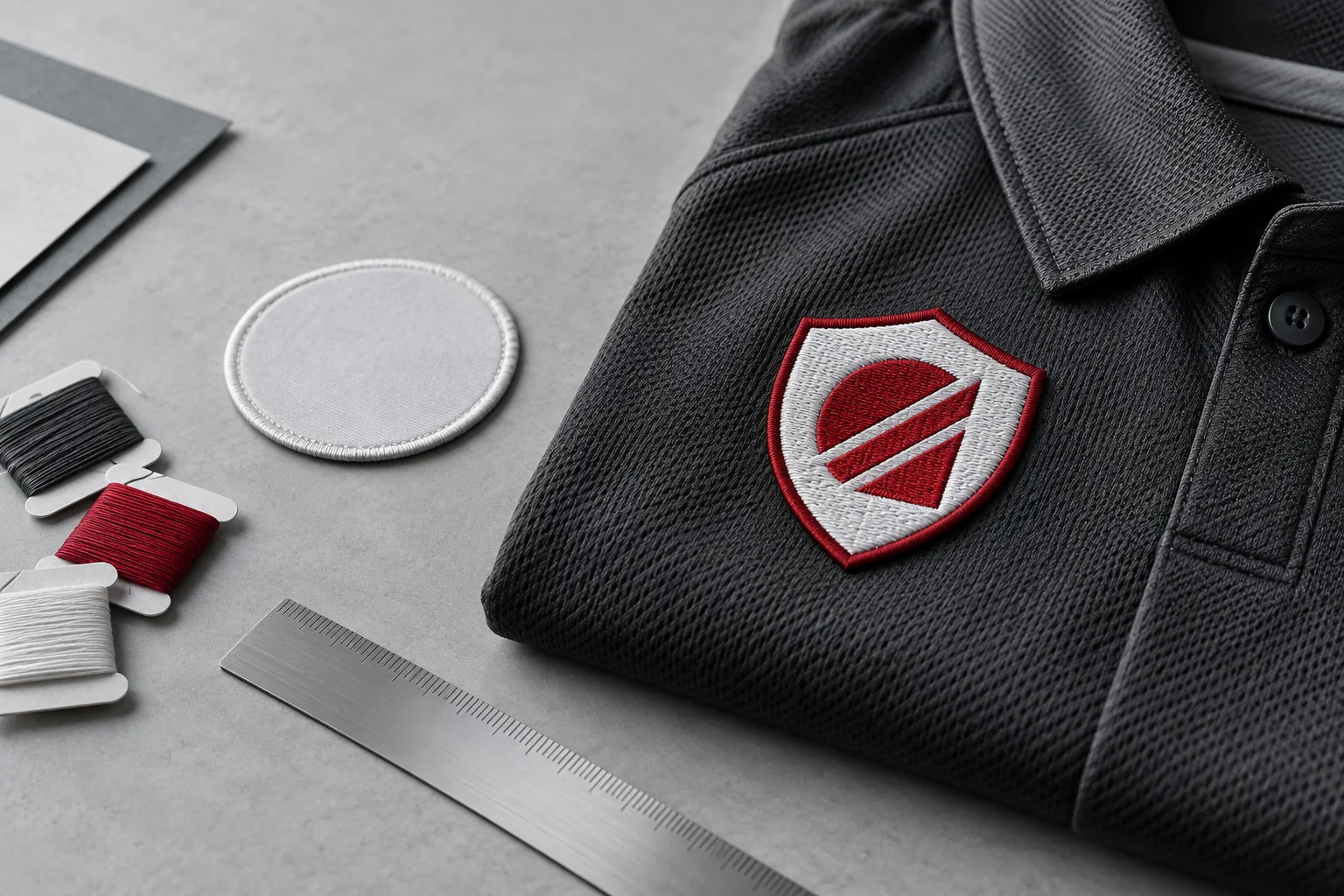 Illustrative embroidered cricket badge on a plain graphite shirt