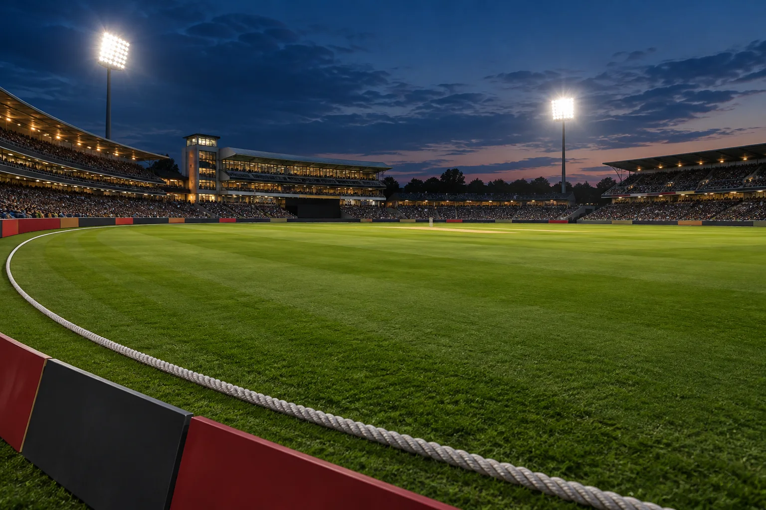 Illustrative modern cricket ground under floodlights at blue hour