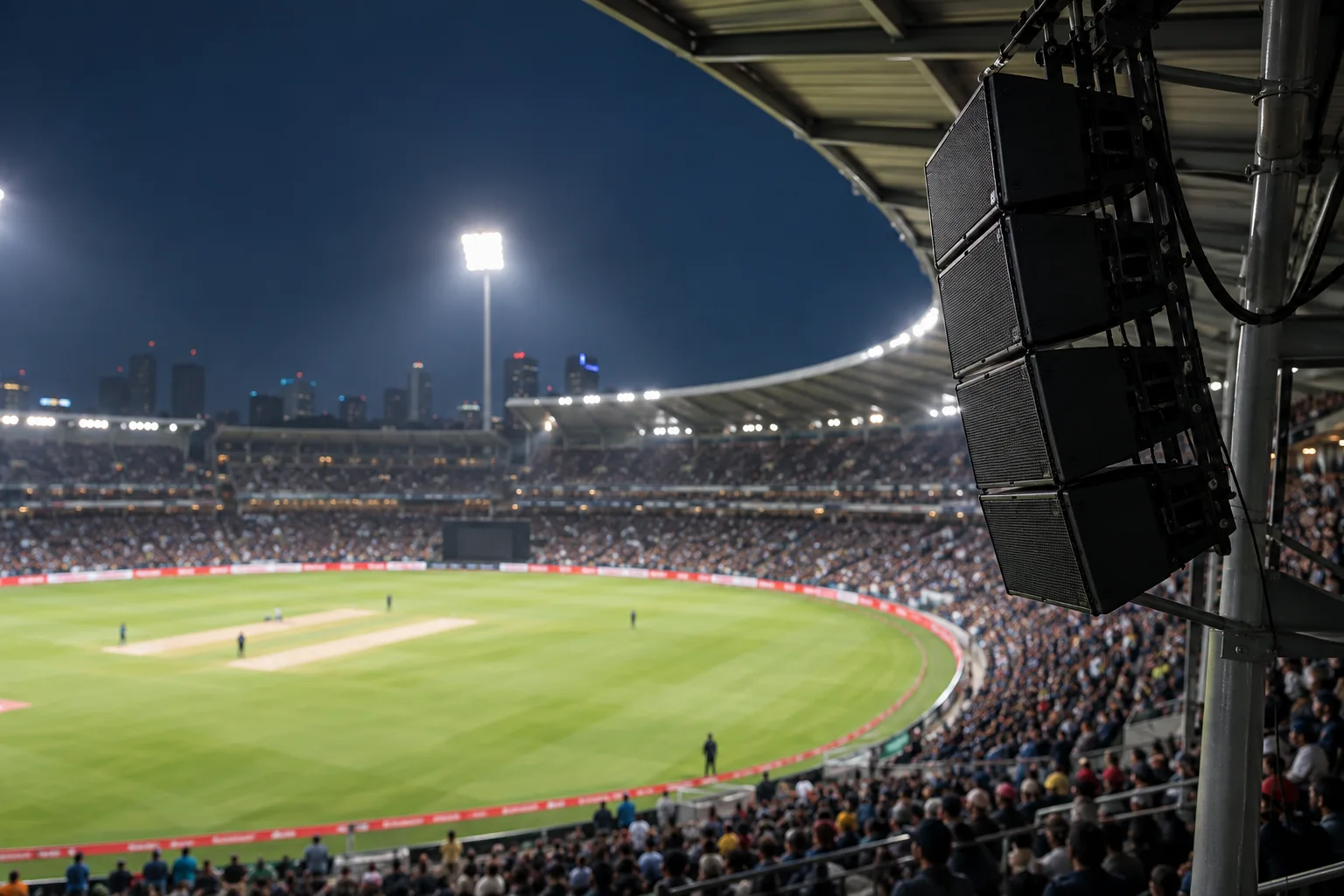 Illustrative stadium speaker array overlooking a cricket ground at night
